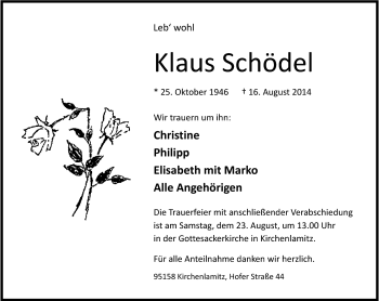 Traueranzeige von Klaus Schödel von Frankenpost
