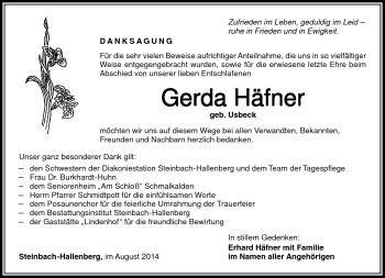 Traueranzeige von Gerda Häfner von Südthüringer Presse