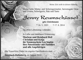 Traueranzeige von Jenny Reumschüssel von Südthüringer Presse
