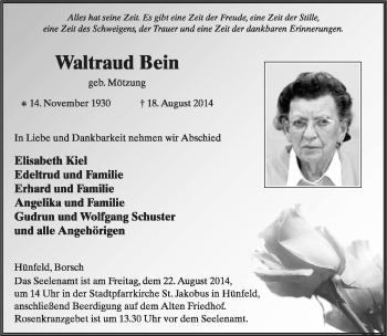 Traueranzeige von Waltraud Bein von Südthüringer Presse