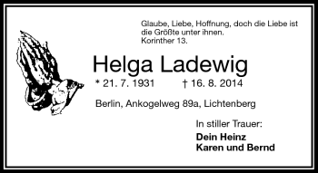 Traueranzeige von Helga Ladewig von Frankenpost