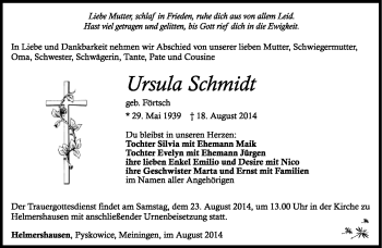 Traueranzeige von Ursula Schmidt von Südthüringer Presse