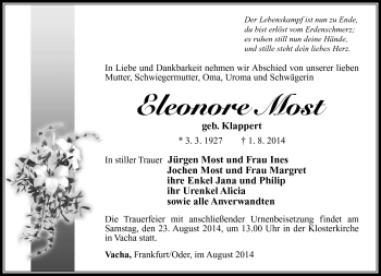 Traueranzeige von Eleonore Most von Südthüringer Presse
