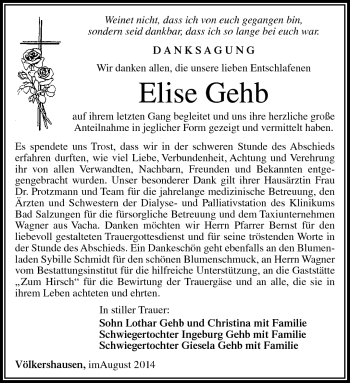 Traueranzeige von Elise Gehb von Südthüringer Presse