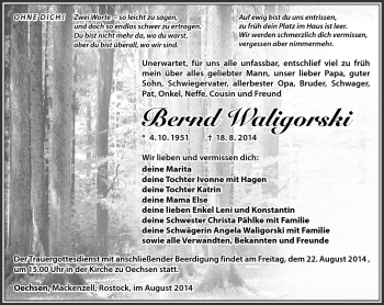 Traueranzeige von Bernd Waligorski von Südthüringer Presse