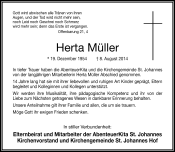 Traueranzeige von Herta Müller von Frankenpost