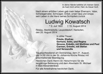Traueranzeige von Ludwig Kowatsch von Frankenpost