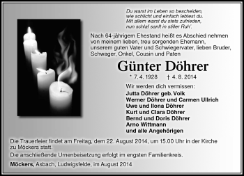 Traueranzeige von Günter Döhrer von Südthüringer Presse