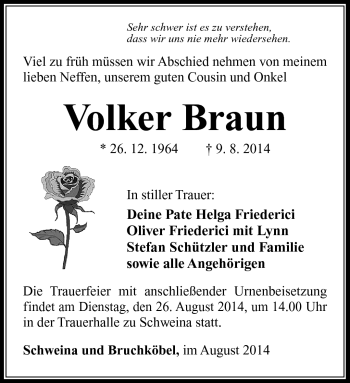 Traueranzeige von Volker Braun von Südthüringer Presse