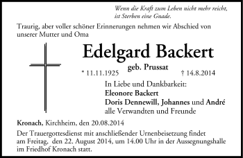 Traueranzeige von Edelgard Backert von Neue Presse Coburg