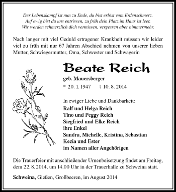 Traueranzeige von Beate Reich von Südthüringer Presse
