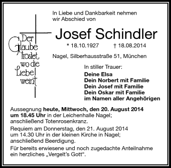 Traueranzeige von Josef Schindler von Frankenpost