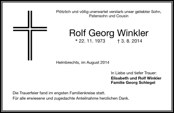 Traueranzeige von Rolf Georg Winkler von Frankenpost