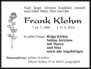 Traueranzeige von Frank Klehm von Südthüringer Presse
