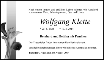Traueranzeige von Wolfgang Klette von Südthüringer Presse