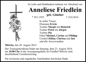 Traueranzeige von Anneliese Friedlein von Neue Presse Coburg