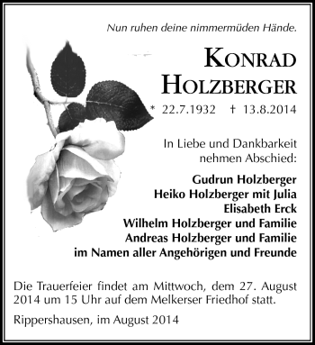 Traueranzeige von Konrad Holzberger von Südthüringer Presse
