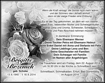Traueranzeige von Brigitte Brzemek von Südthüringer Presse