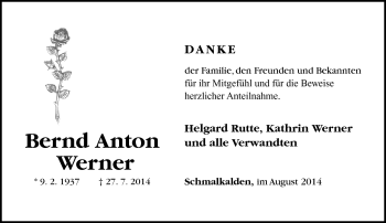 Traueranzeige von Bernd Anton Werner von Südthüringer Presse