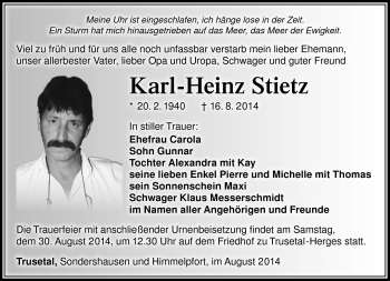 Traueranzeige von Karl-Heinz Stietz von Südthüringer Presse