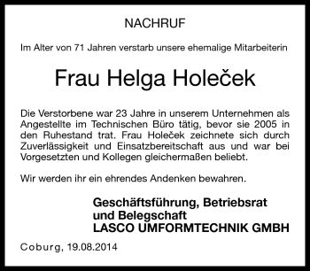 Traueranzeige von Helga Holecek von Neue Presse Coburg