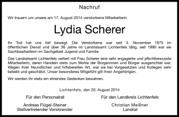 Traueranzeige von Lydia Scherer von Neue Presse Coburg