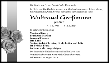 Traueranzeige von Waltraud Großmann von Südthüringer Presse