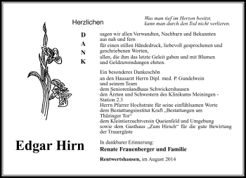 Traueranzeige von Edgar Hirn von Südthüringer Presse