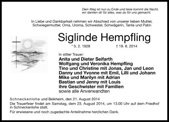 Traueranzeige von Siglinde Hempfling von Neue Presse Coburg