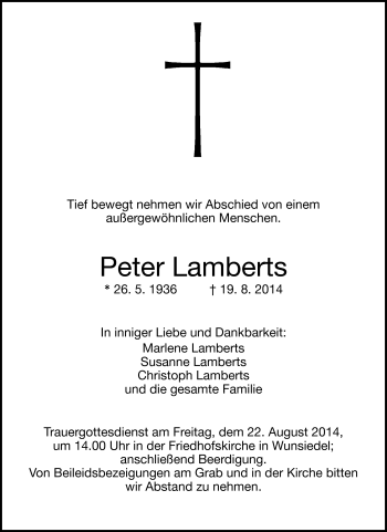 Traueranzeige von Peter Lamberts von Frankenpost