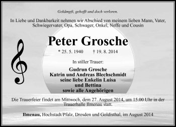 Traueranzeige von Peter Grosche von Südthüringer Presse