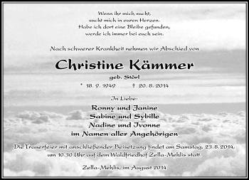 Traueranzeige von Christine Kämmer von Südthüringer Presse