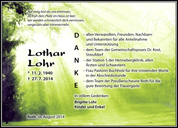Traueranzeige von Lothar Lohr von Südthüringer Presse