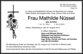 Traueranzeige von Mathilde Nüssel von Frankenpost