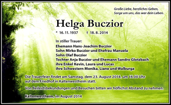 Traueranzeige von Helga Buczior von Südthüringer Presse