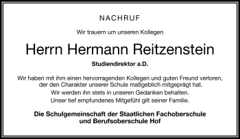 Traueranzeige von Hermann Reitzenstein von Frankenpost