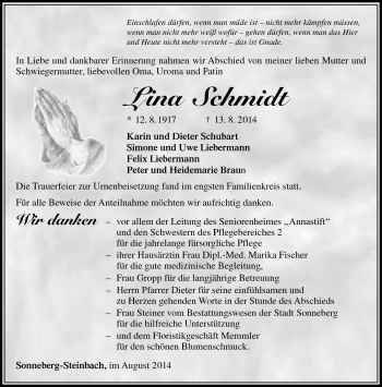 Traueranzeige von Lina Schmidt von Südthüringer Presse