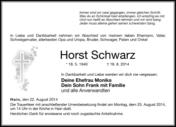 Traueranzeige von Horst Schwarz von Neue Presse Coburg