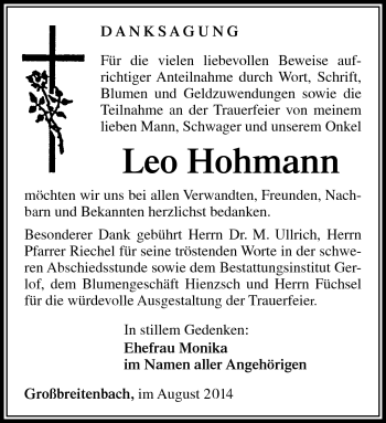 Traueranzeige von Leo Hohmann von Südthüringer Presse