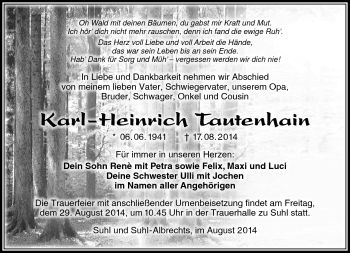 Traueranzeige von Karl-Heinrich Tautenhain von Südthüringer Presse