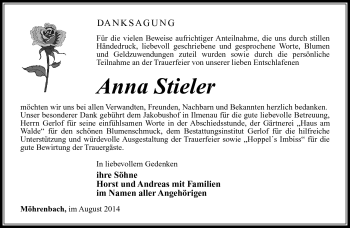 Traueranzeige von Anna Stieler von Südthüringer Presse