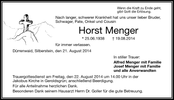 Traueranzeige von Horst Menger von Frankenpost