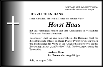 Traueranzeige von Horst Haas von Südthüringer Presse