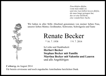 Traueranzeige von Renate Becker von Neue Presse Coburg
