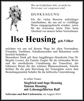 Traueranzeige von Ilse Heusing von Südthüringer Presse