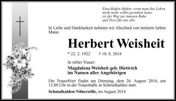 Traueranzeige von Herbert Weisheit von Südthüringer Presse