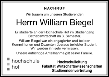 Traueranzeige von William Biegel von Frankenpost