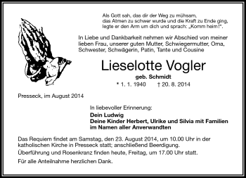 Traueranzeige von Lieselotte Vogler von Frankenpost