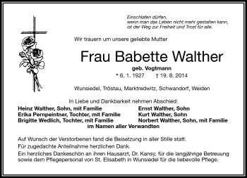 Traueranzeige von Babette Walther von Frankenpost