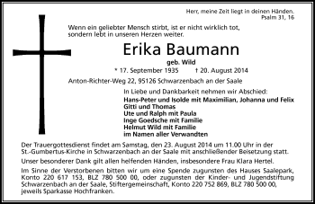 Traueranzeige von Erika Baumann von Frankenpost